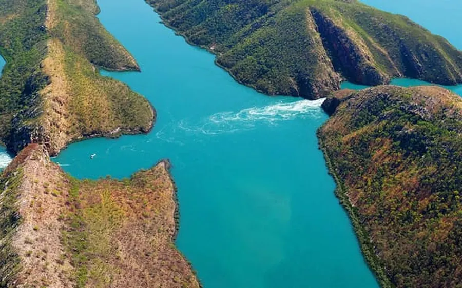 A helicopter over the Kimberley coast near Cygnet Bay Pearl Farm